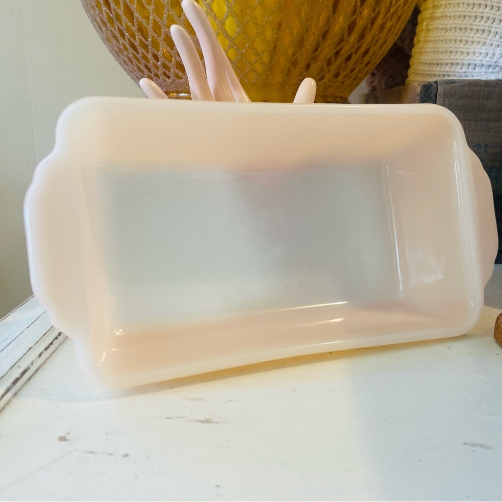 Iridescent Peach on Milk Glass Fire King Loaf Pan VTG
